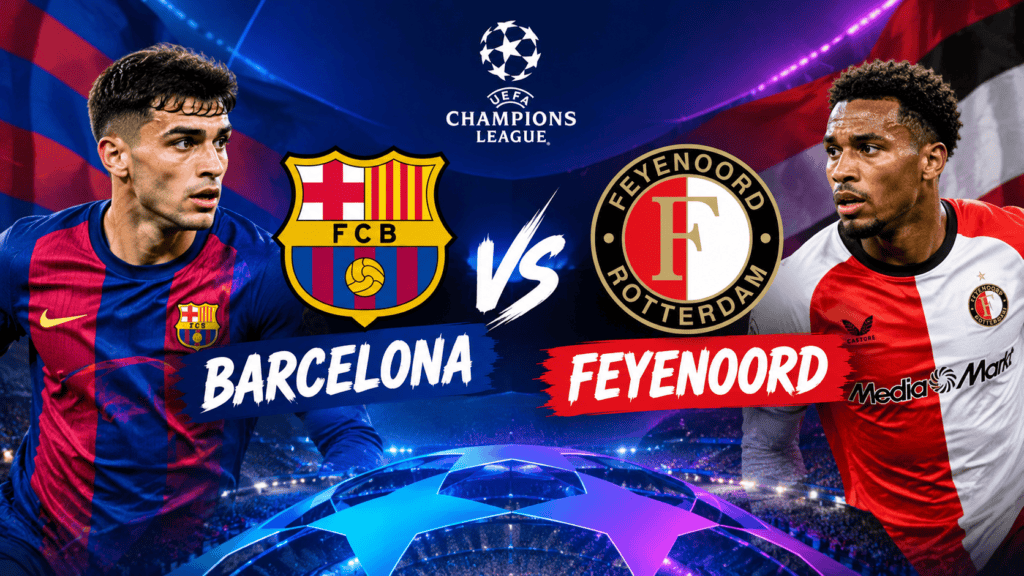 FC Barcelona and Feyenoord players face off in UEFA Champions League match.