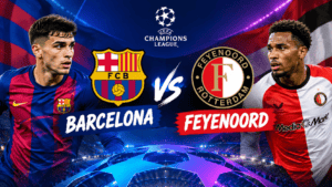 FC Barcelona and Feyenoord players face off in UEFA Champions League match.