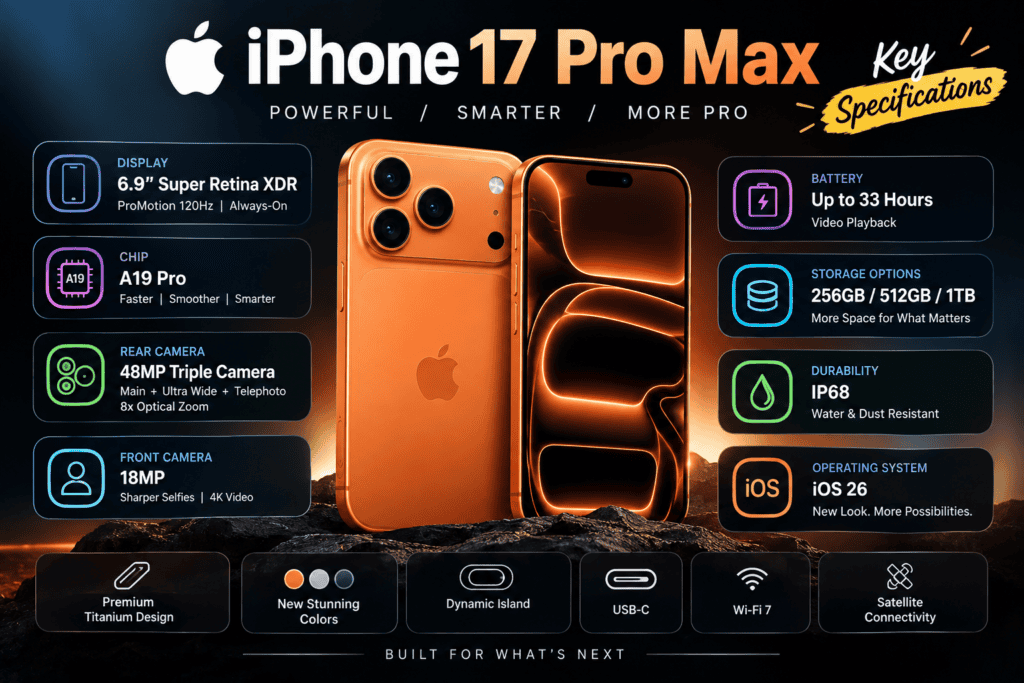 Apple iPhone 17 Pro Max with key specifications and features.